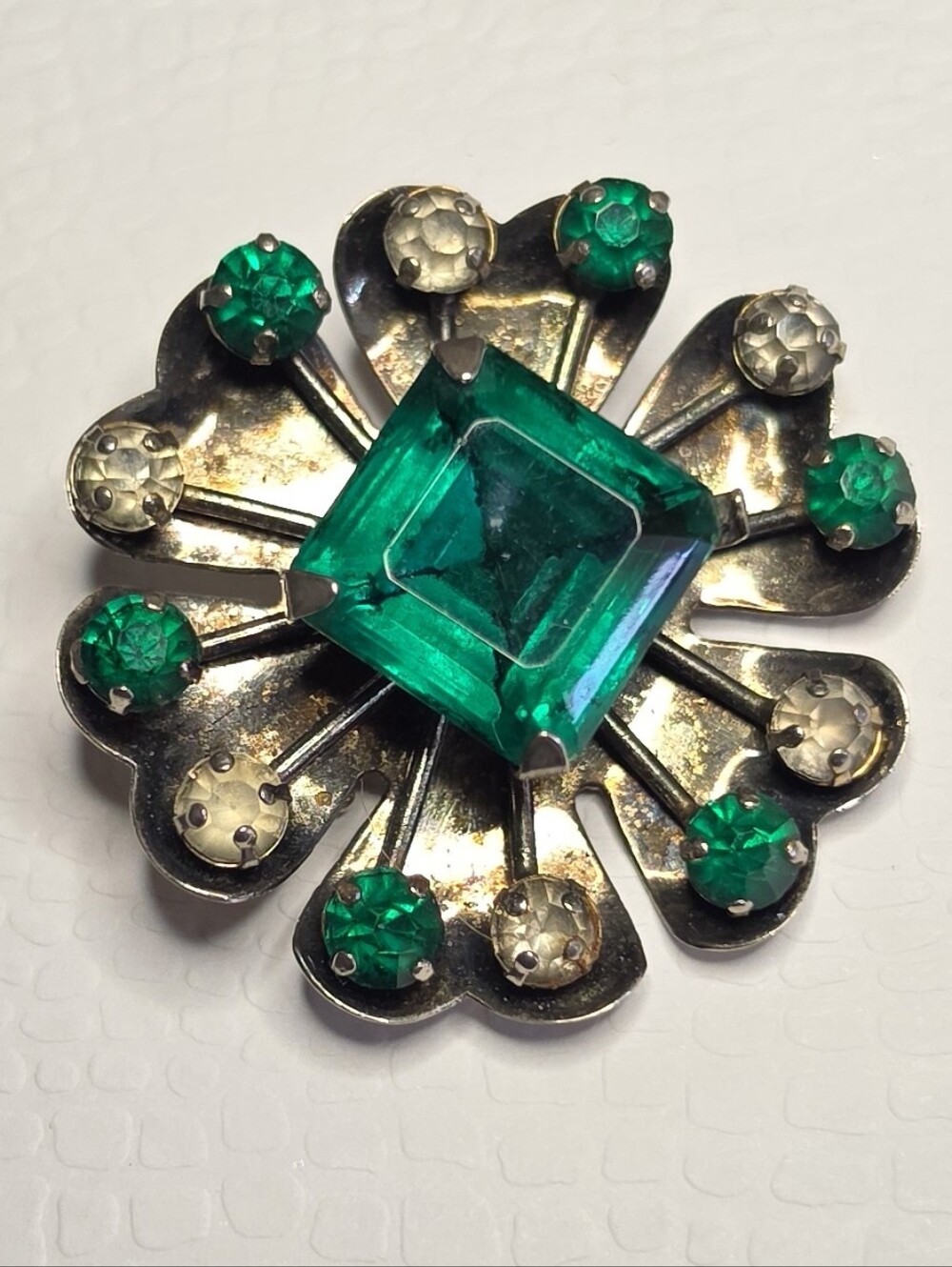 Leo Glass Sterling Green Floral Brooch